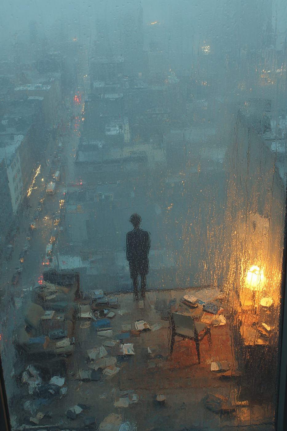Through rain on the glass, a man stands with his back to us at the edge of a room strewn with books, one lamp lit, the grey city dropping away below.