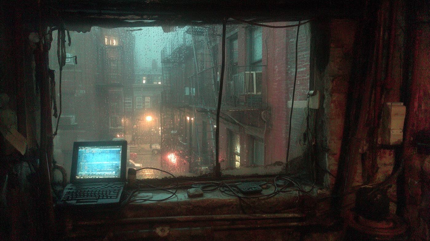 A small laptop glows blue on the sill of a dark room's window, and beyond the wet glass a street of brick buildings and lamps fades into the rain.