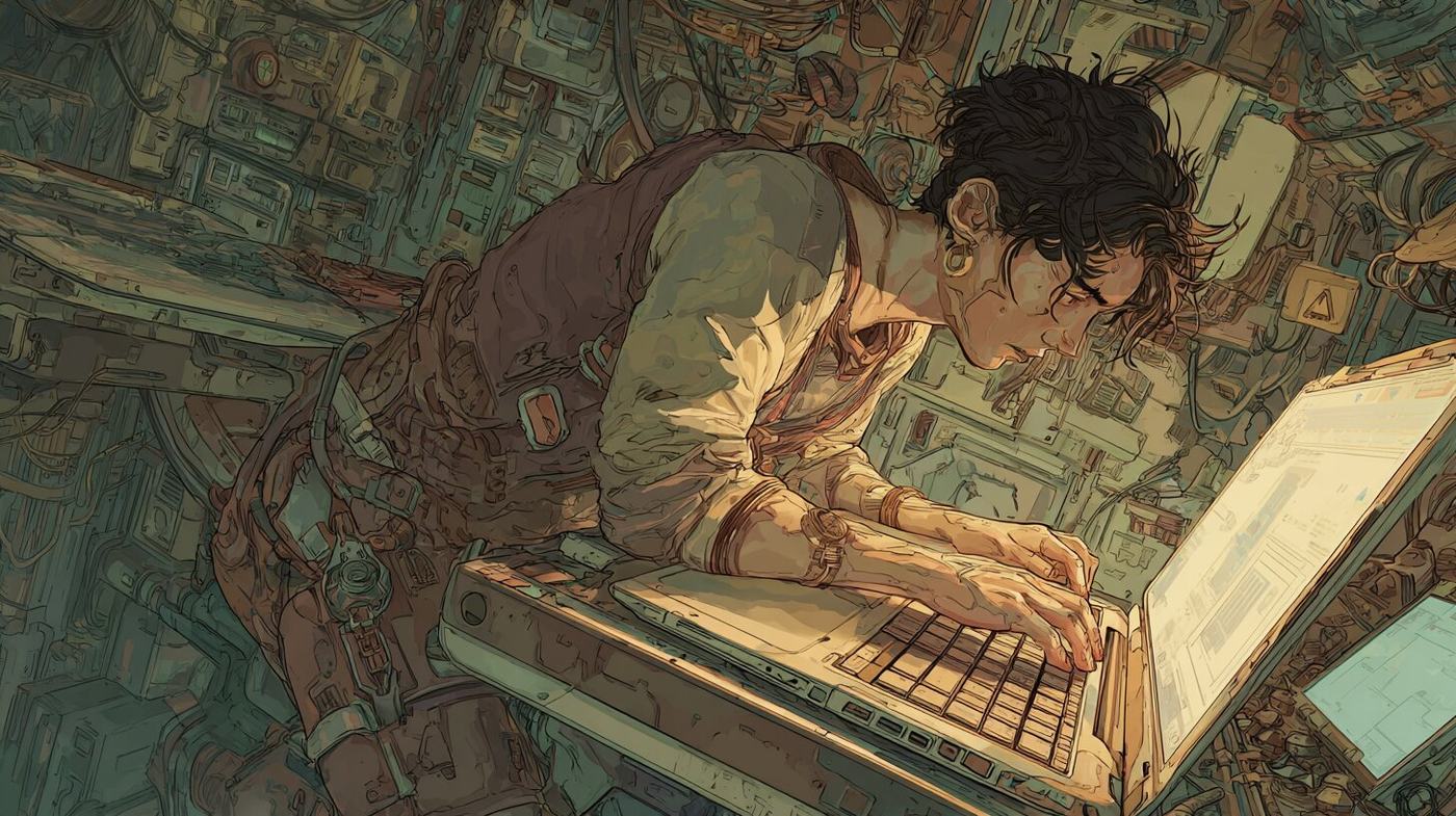 A young man hunches over a laptop typing fast, seen from above among cluttered shelves.