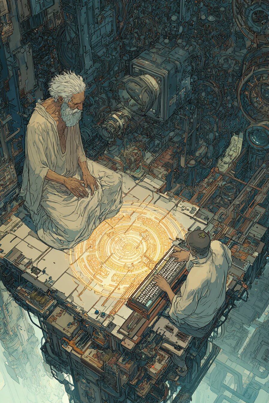 Seen from above, a white bearded man sits cross-legged beside a glowing circle while a second figure types at a machine.