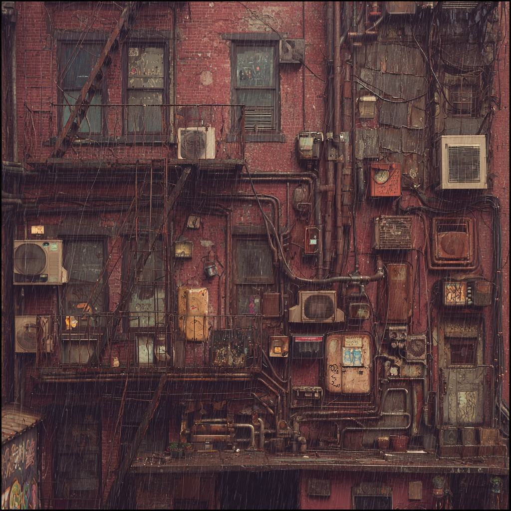 The back wall of a red brick tenement in the rain, crowded with fire escapes, pipes, meters and air conditioners.