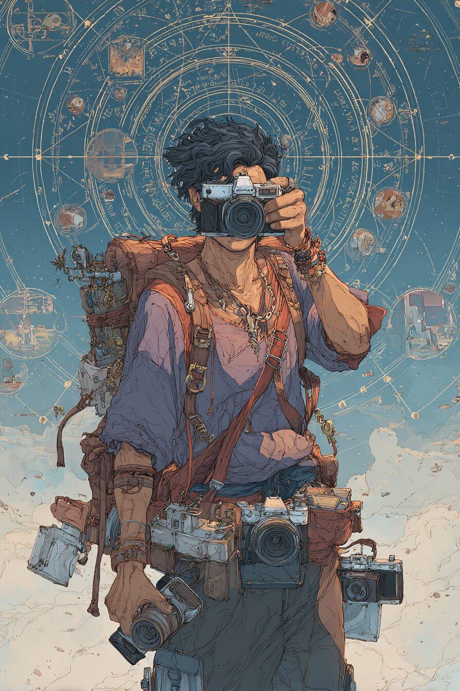 A young backpacker hung with cameras raises one to his eye and points it straight at us.