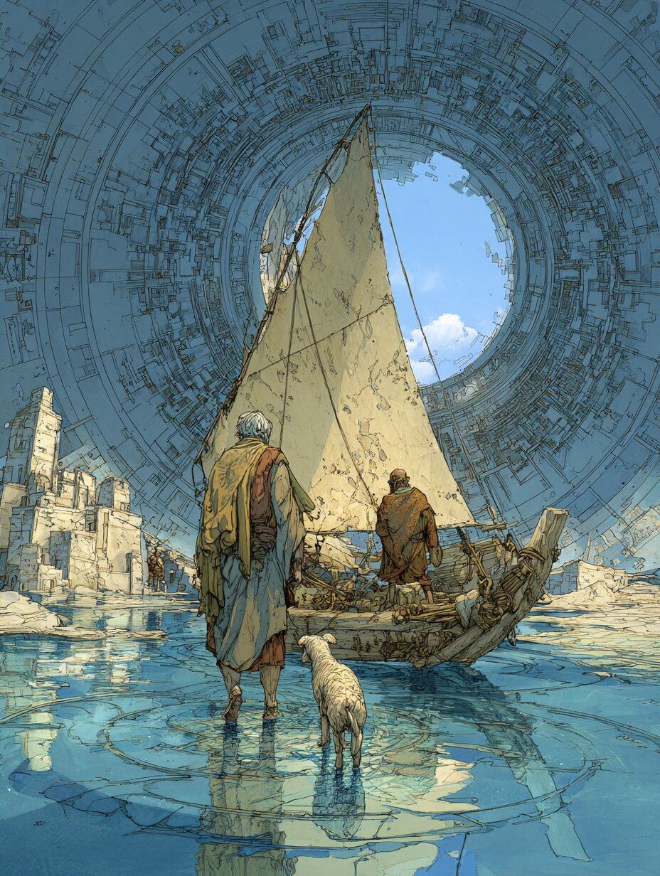 An old man in a cloak wades toward a small sailing boat with a lamb at his heels, another figure aboard, inside a vast ring of machinery that opens onto blue sky.