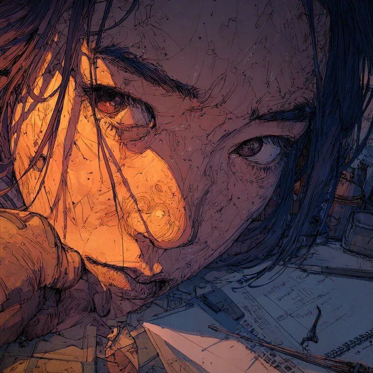 Very close view of a young woman with dark eyes, her face lit warm orange from one side, her chin resting on her arm above scattered pages.