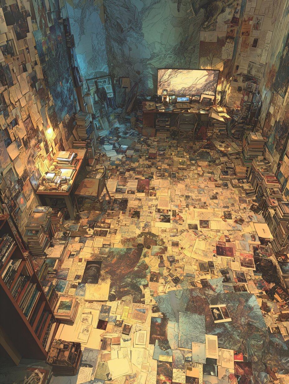 A lamp lit room seen from above, its floor carpeted with loose printed pages and photographs around a glowing screen.