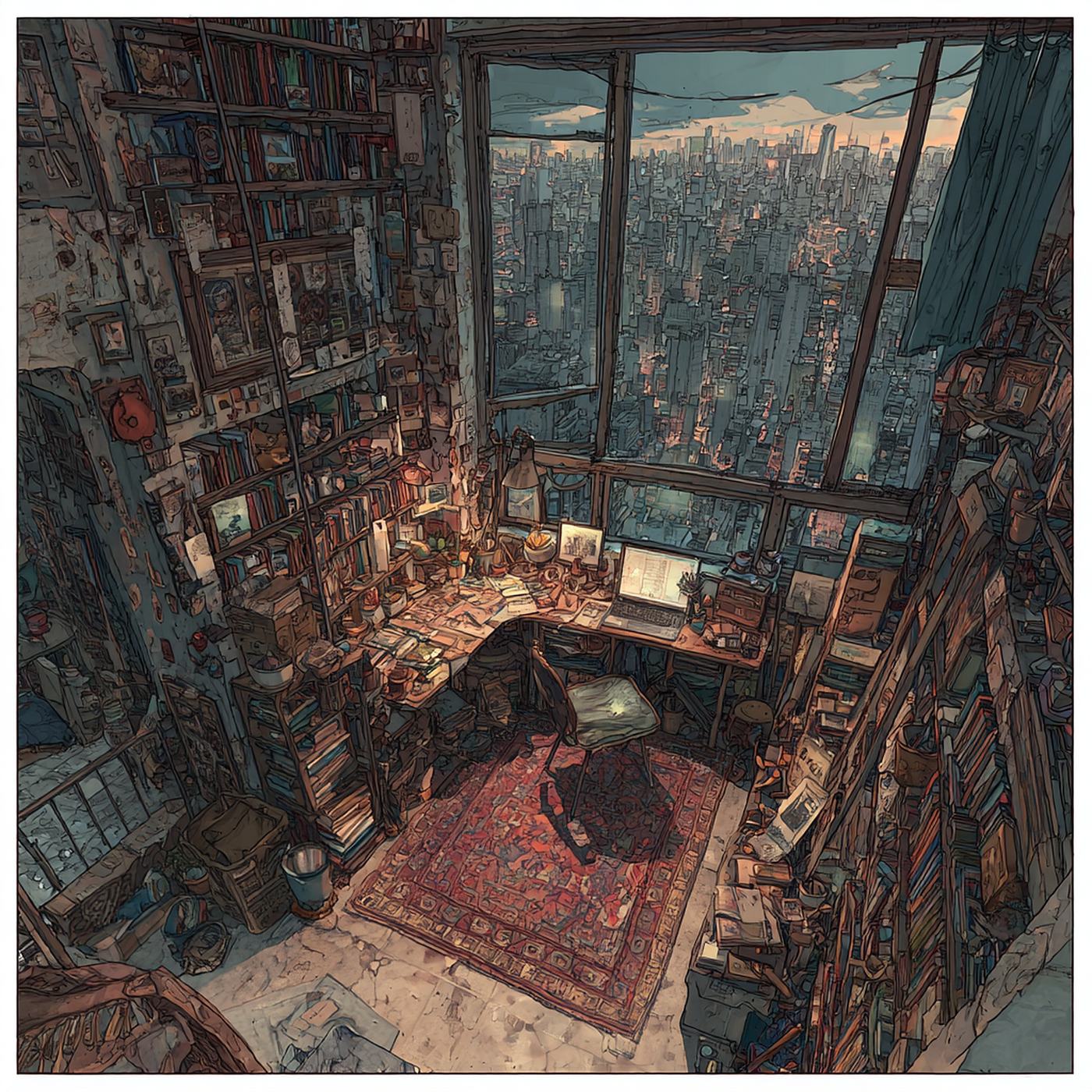 Seen from above, a tiny room walled with books: a desk with a lit laptop under a wide window full of city towers at dusk, a red rug on the floor.