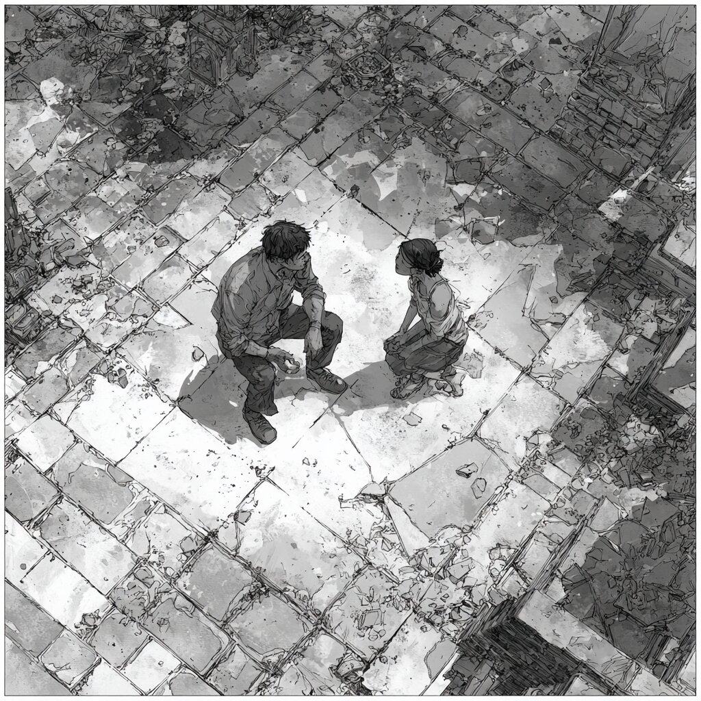 Seen from above, two people crouch facing each other on a cracked tiled floor, drawn in black and white.