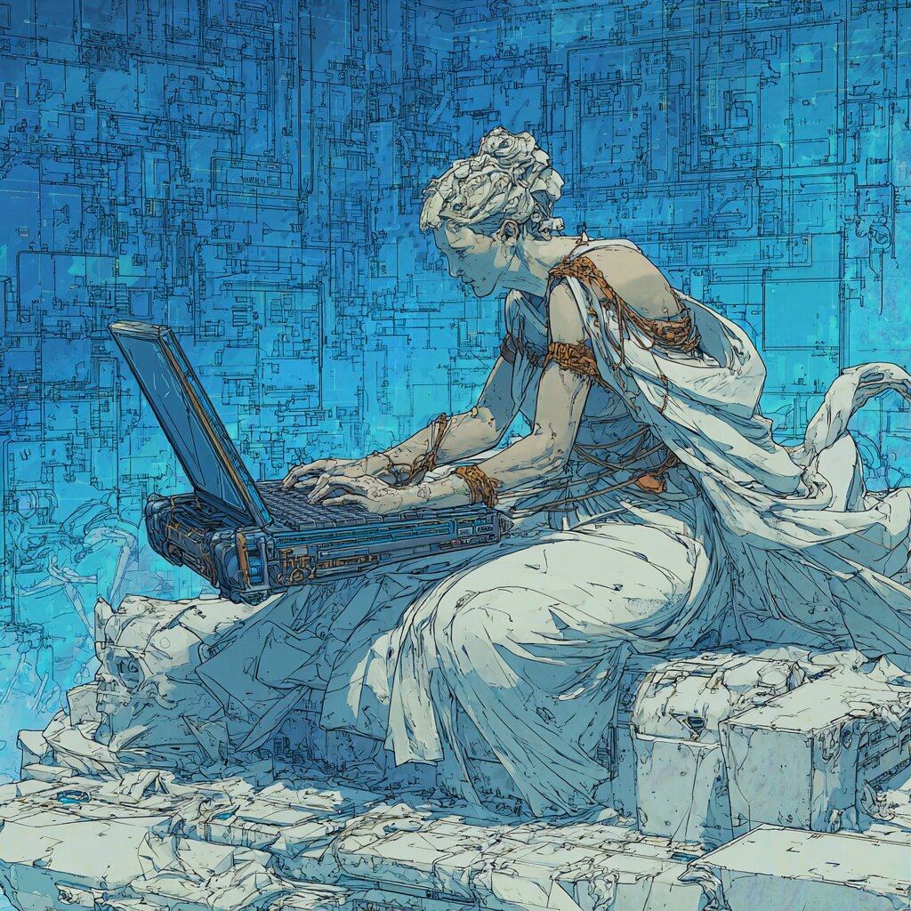 A marble statue of a woman in Greek robes sits on broken stone typing on a laptop against a wall of blue circuitry.