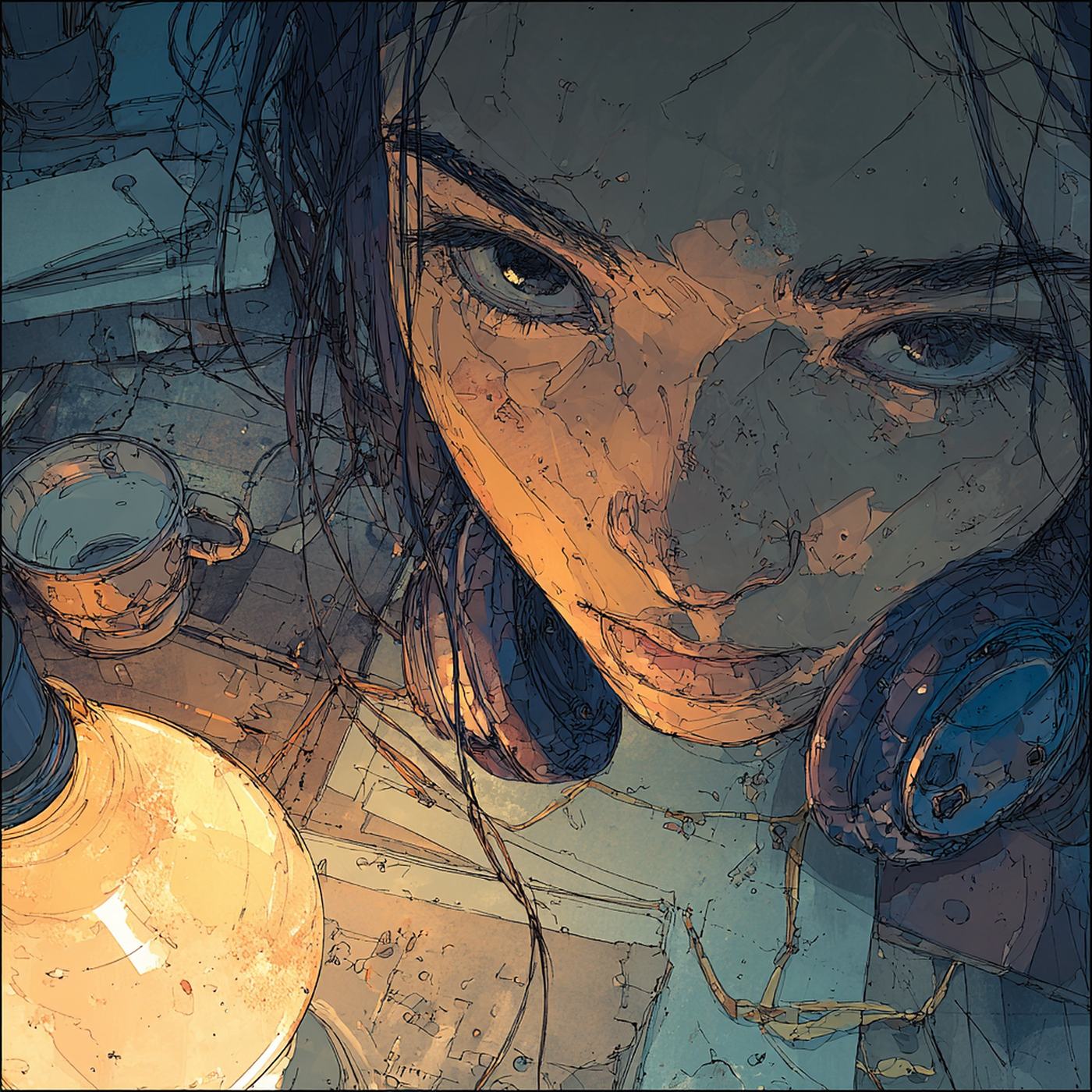 A woman with dark hair and headphones round her neck leans over a table toward a glowing lamp, a glass cup beside her, her eyes lifted to whoever is speaking.
