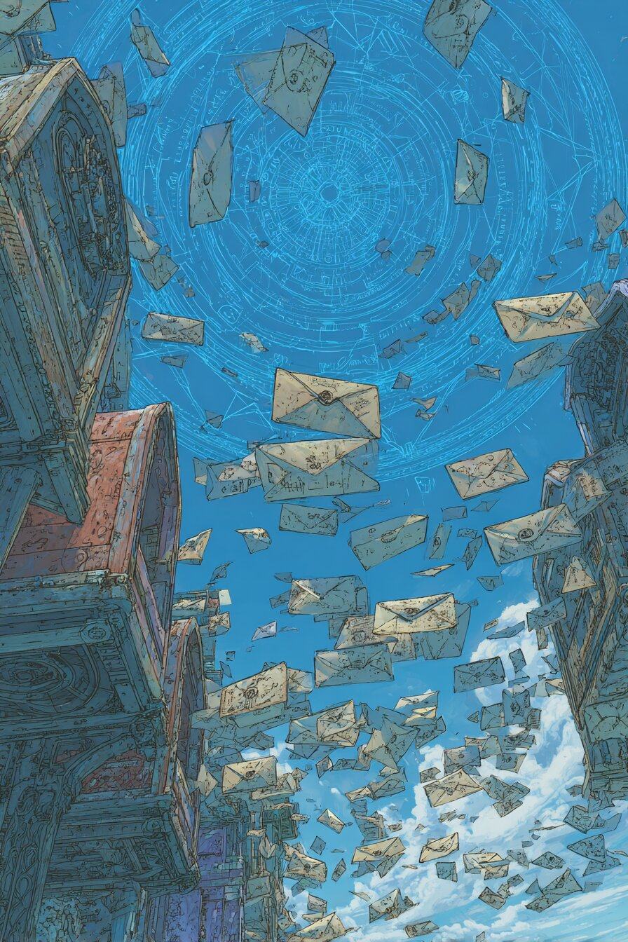 Hundreds of paper envelopes whirl upward in a blue spiral between tall buildings.
