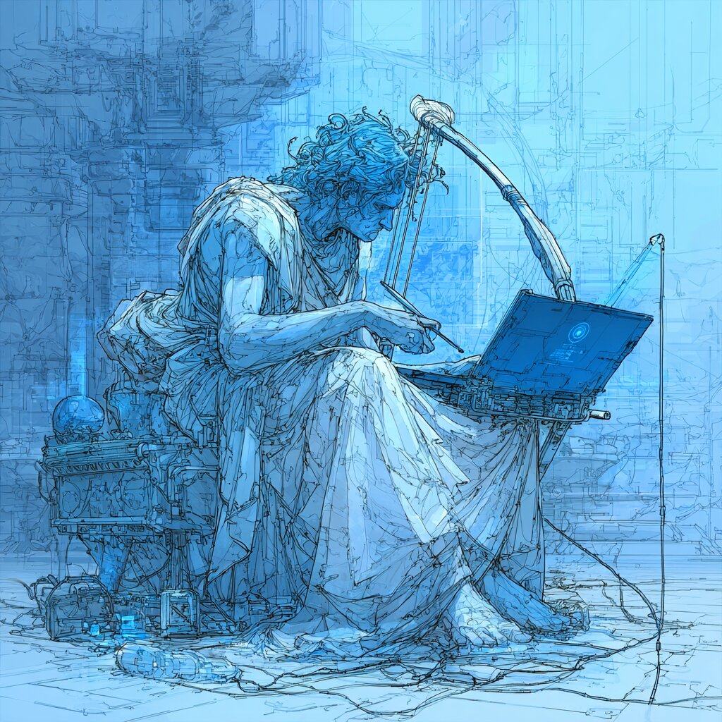 A robed figure with curly hair, drawn all in pale blue, bends over a laptop with a stylus in hand, a lyre leaning behind and cables trailing across the floor.