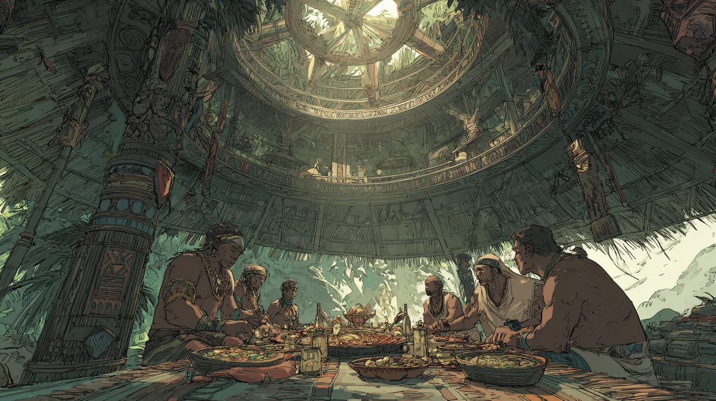 Men sit eating at a low table heaped with bowls beneath the round, tiered thatch roof of a jungle hall, light falling through a wheel shaped opening at its top.