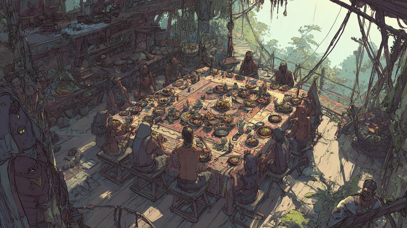 Seen from above, people sit on stools around a wide table spread with dozens of dishes on a wooden deck hung with vines, the jungle bright beyond.