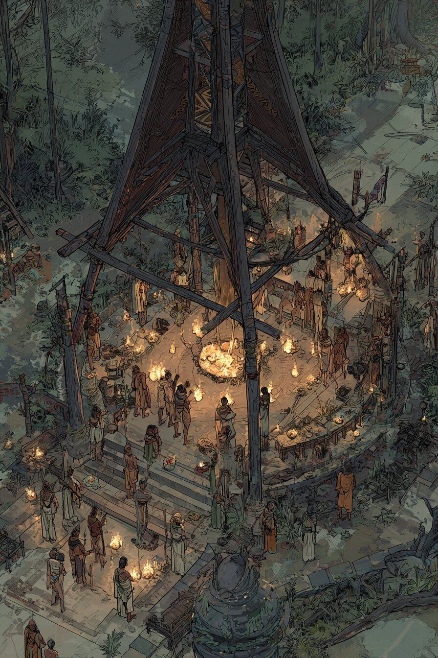 Seen from above, people move about a tall open hut lit by many small fires in the dark jungle.
