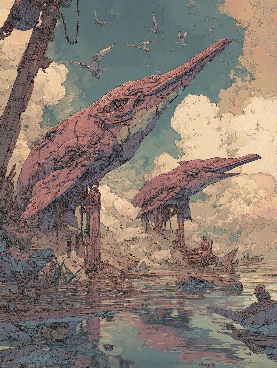 Two giant pink dolphin shapes rise like towers over still water, birds circling above them.