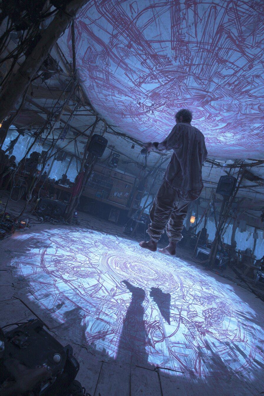 A figure seen from behind hovers above the floor of a dark round hall, between a glowing disc of violet patterns on the ceiling and its pale mirror on the ground.