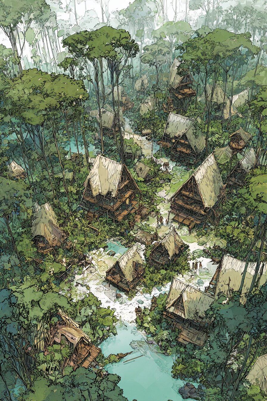 Seen from above, thatched huts cluster along a stream in a clearing of tall jungle trees.