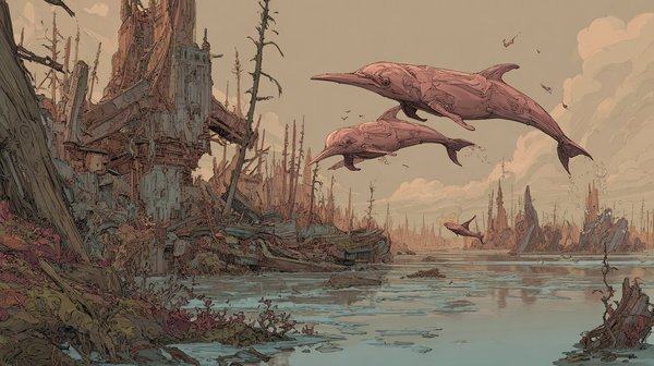 Two pink dolphins leap from a river at the edge of a flooded forest.