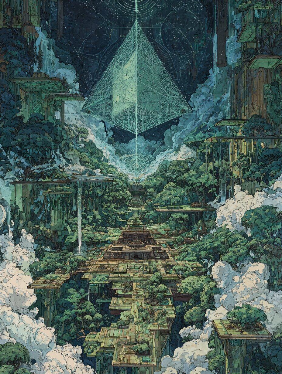A glowing green pyramid of light hovers above a terraced jungle temple ringed by clouds.