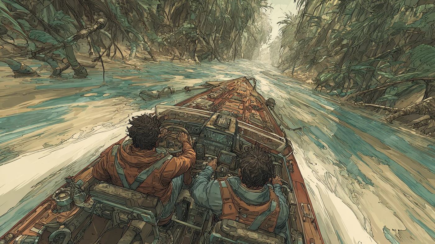 Seen from behind, two people ride a long boat at speed down a narrow river under arching trees.