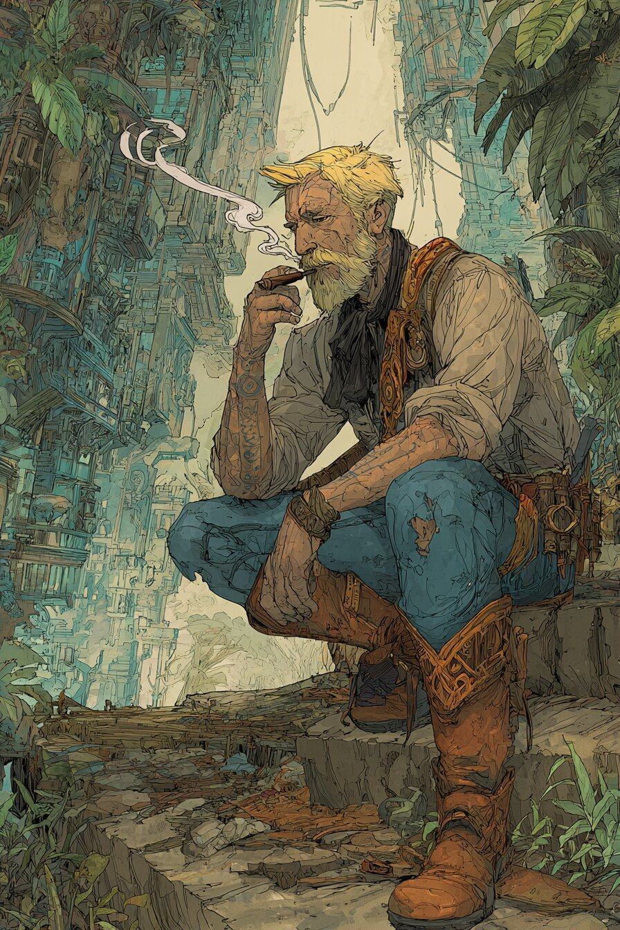 A blond bearded man in tall cowboy boots sits smoking on mossy stone steps in the jungle, a curl of smoke rising above his head.