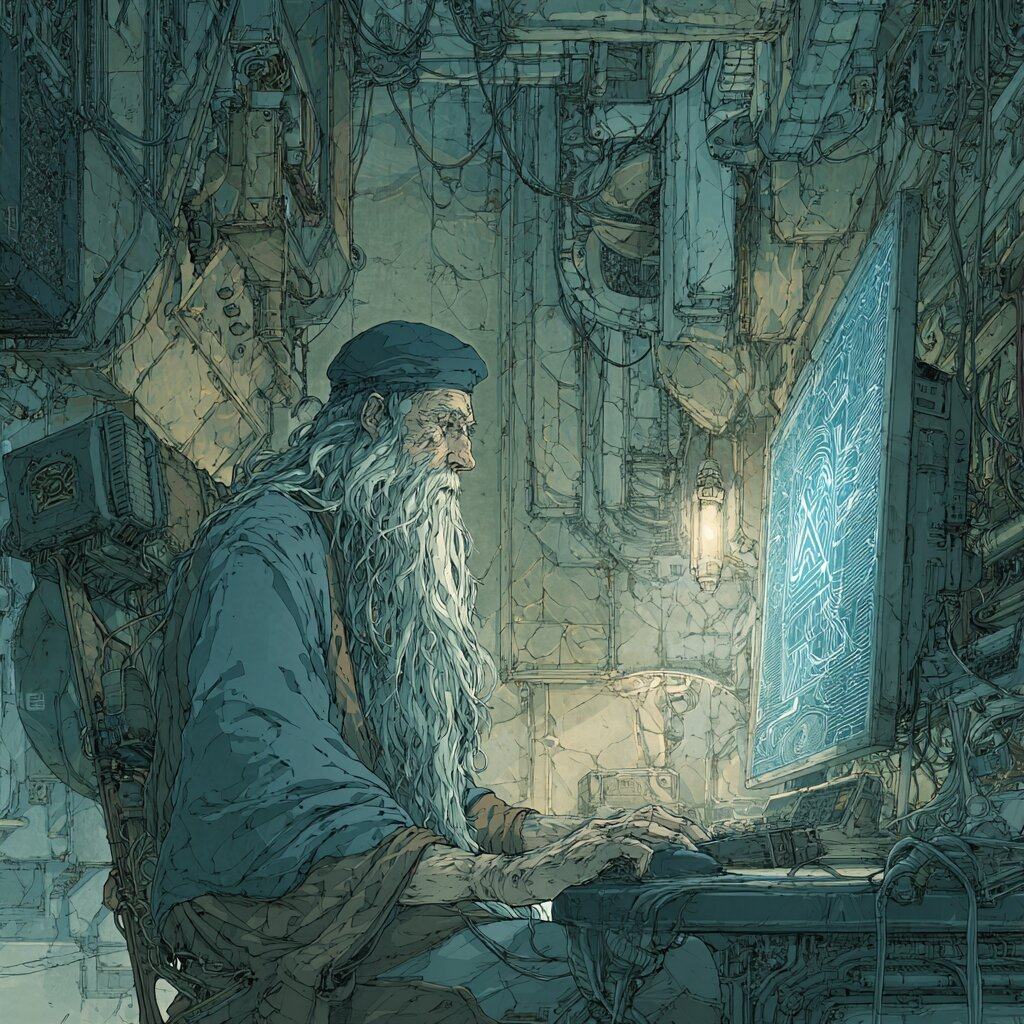 An old man with a long grey beard and a beret types at a glowing screen in a cluttered room.