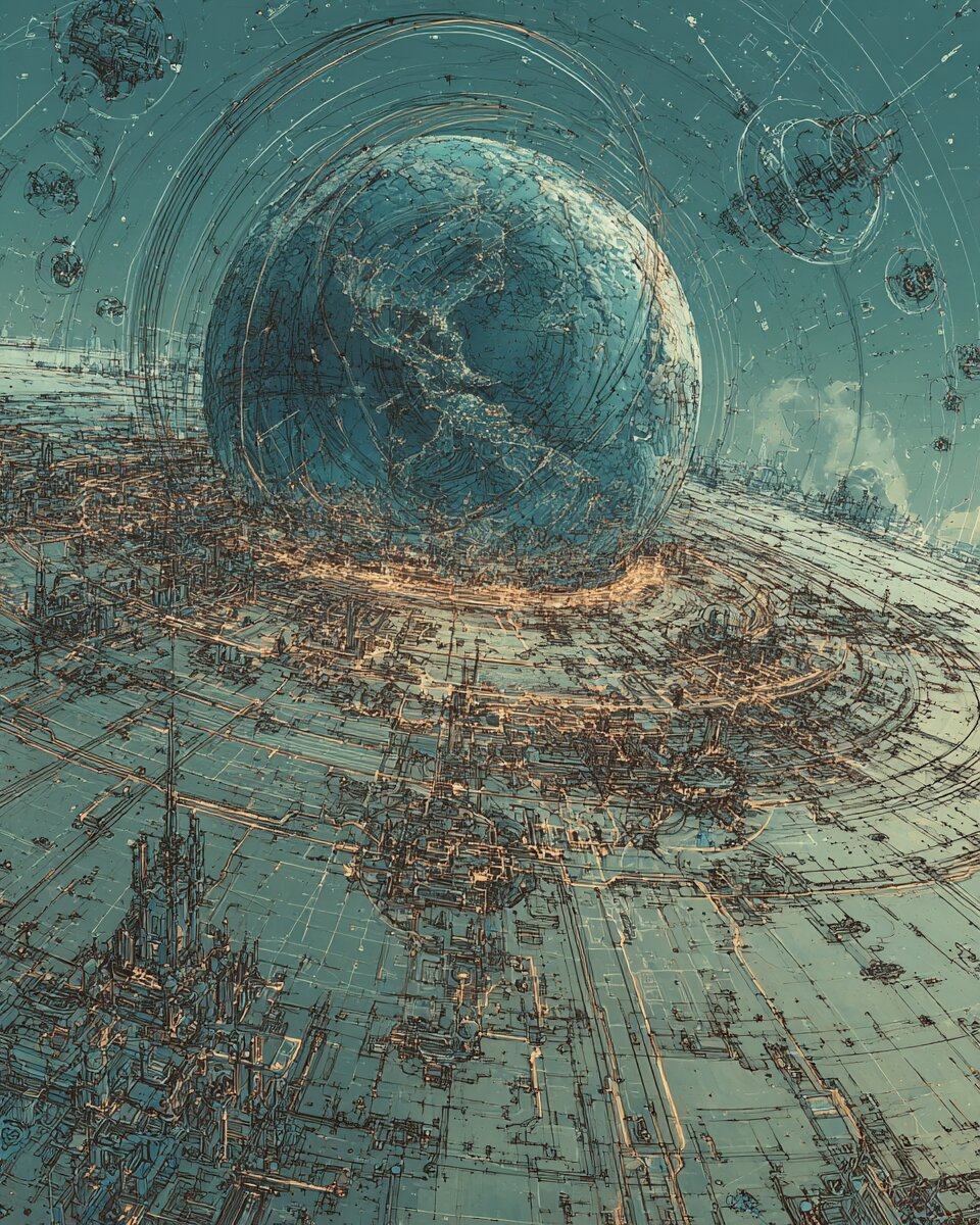 A blue planet rests inside rings of glowing city lights and orbiting satellites.