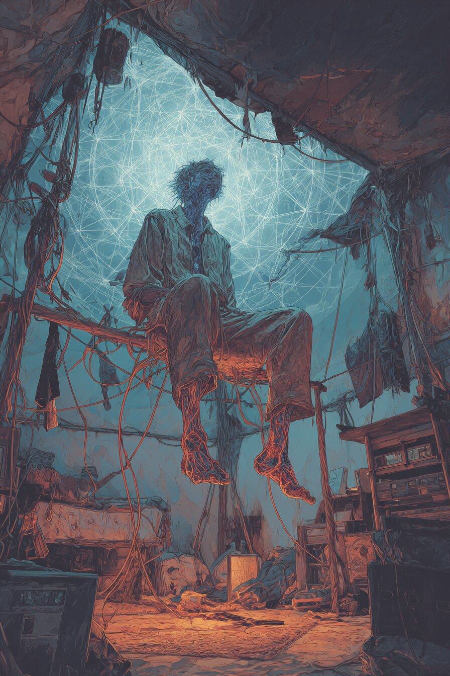 A figure sits on a high bench in a dark hut with feet dangling above the floor, a web of pale light glowing behind.