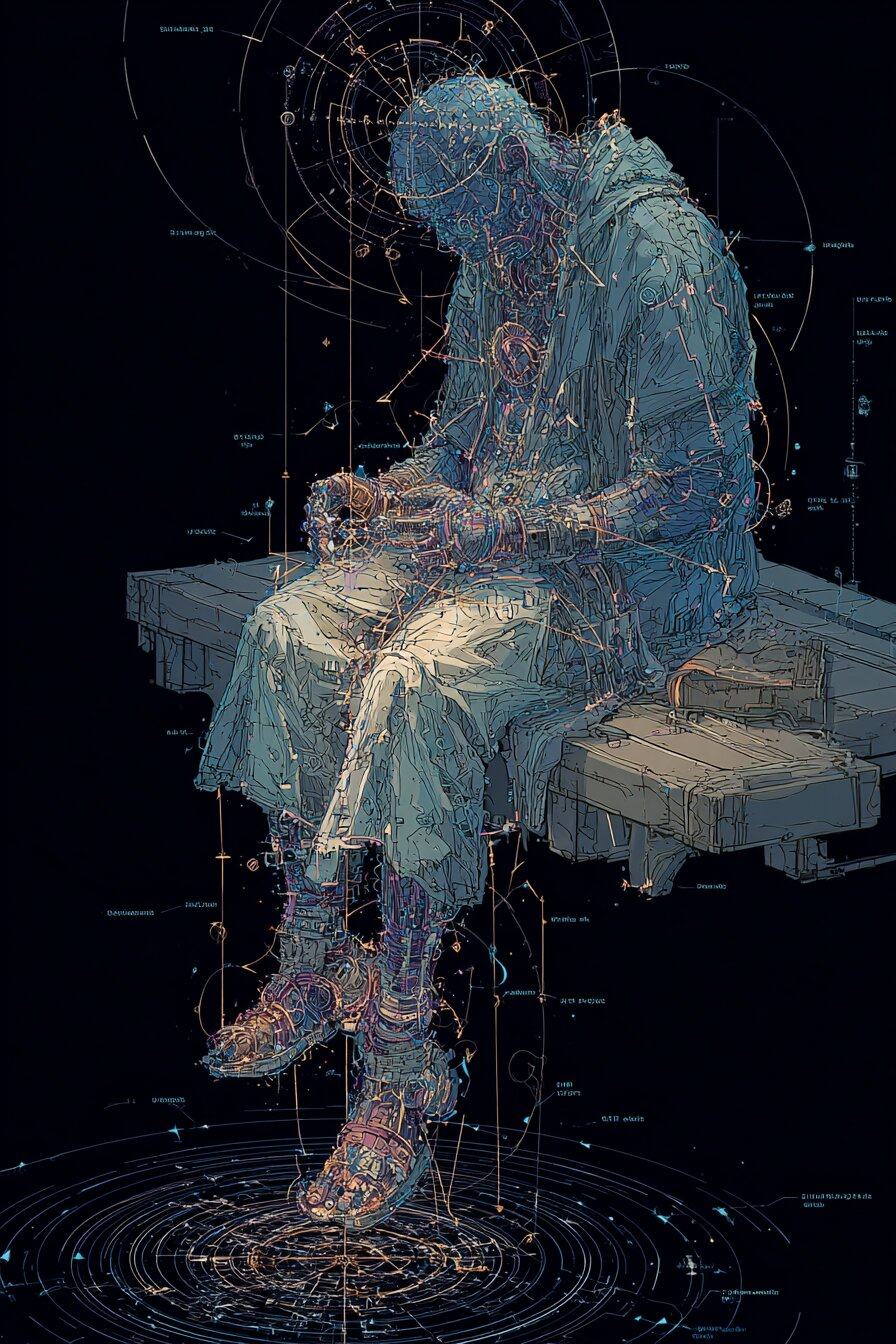 A slumped figure sits on a wooden bench against black, his body drawn in fine blue lines like a diagram, with rings, orbits and small labels around him.