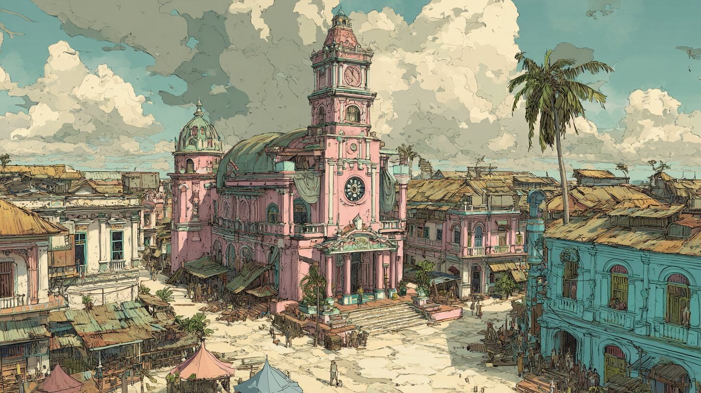 A pink domed church with a clock tower faces a sunlit plaza of pastel colonial buildings and palms.