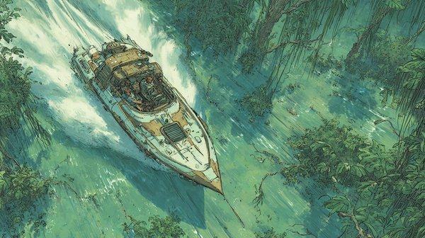 A speedboat seen from above cuts a white wake through green river water.