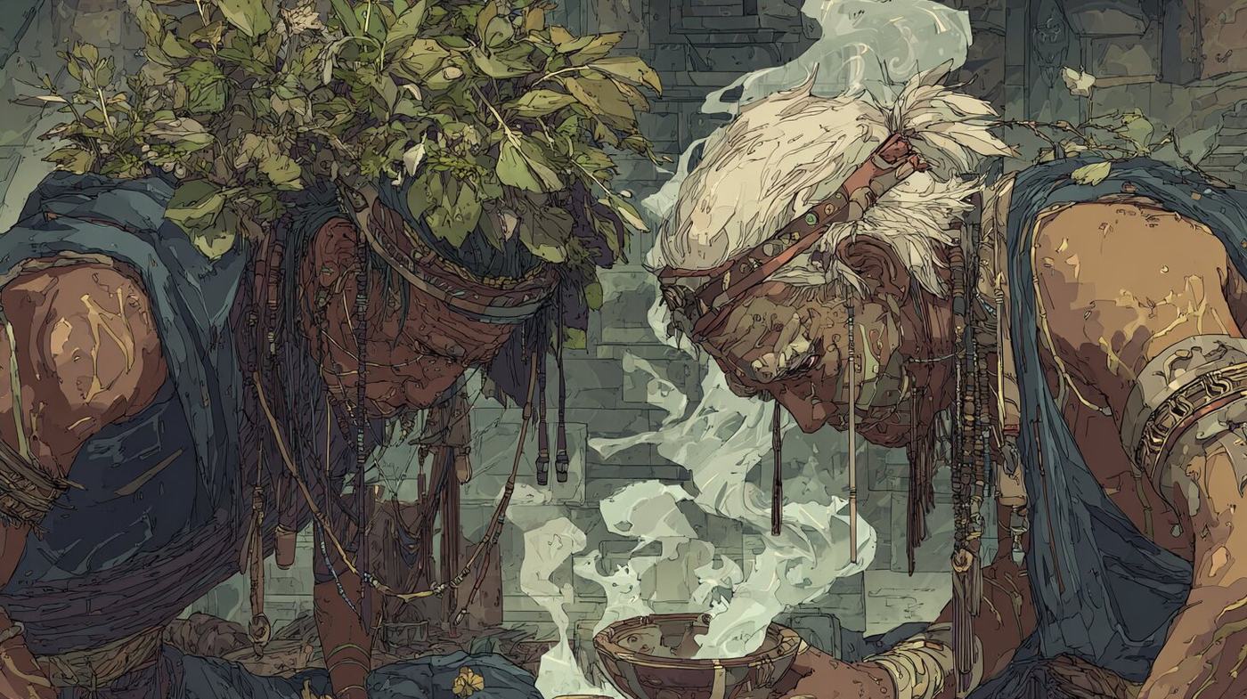 Two figures crowned with leaves bend close together over a smoking bowl.