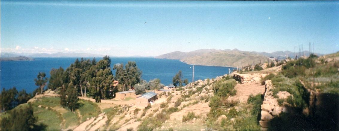 like Lake Titicaca, a terraced hillside above a blue lake