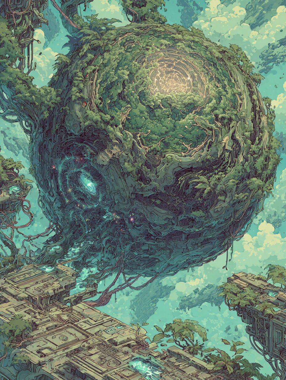 A huge sphere overgrown with forest and roots floats above fragments of city, a glowing eye in its side.