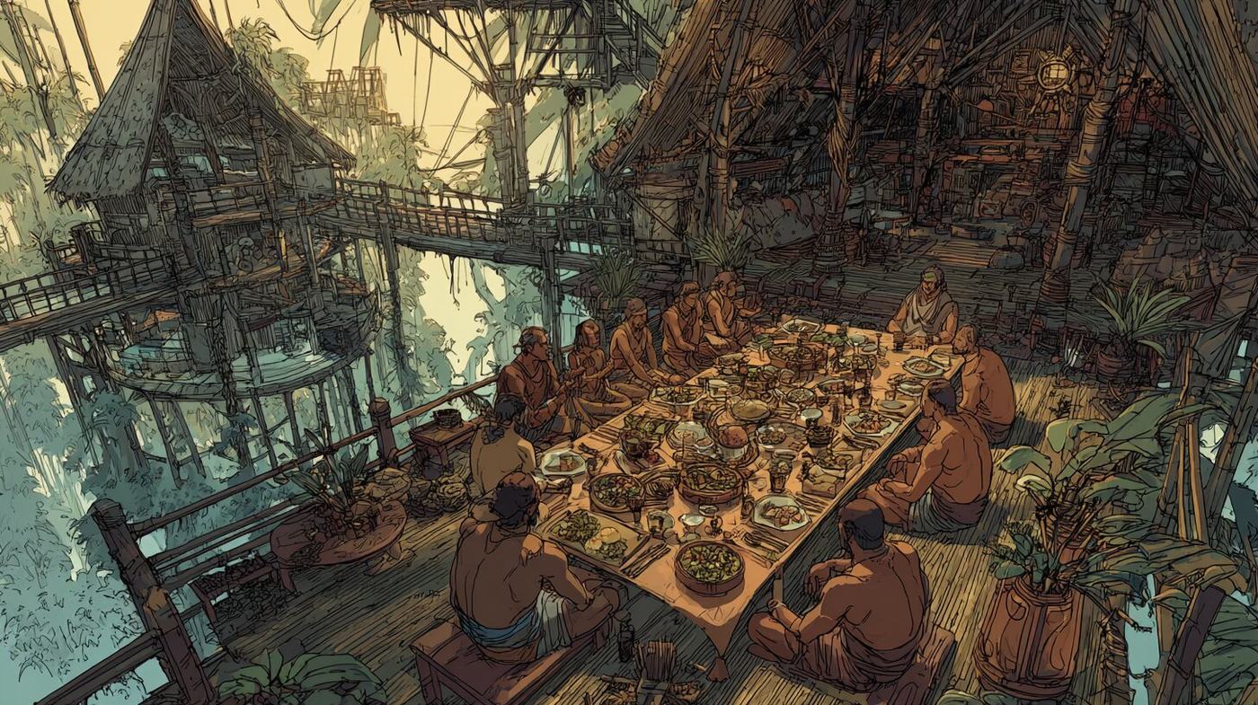 People sit along a long table laden with bowls on the open deck of a thatched jungle lodge.