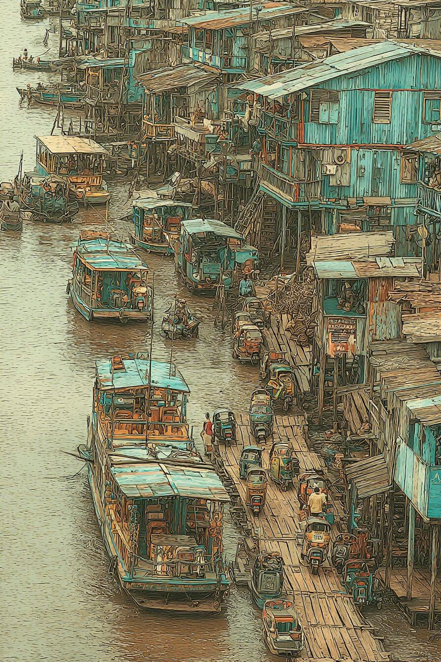 Wooden riverboats crowd a brown river beside stilt houses and plank walkways busy with people.