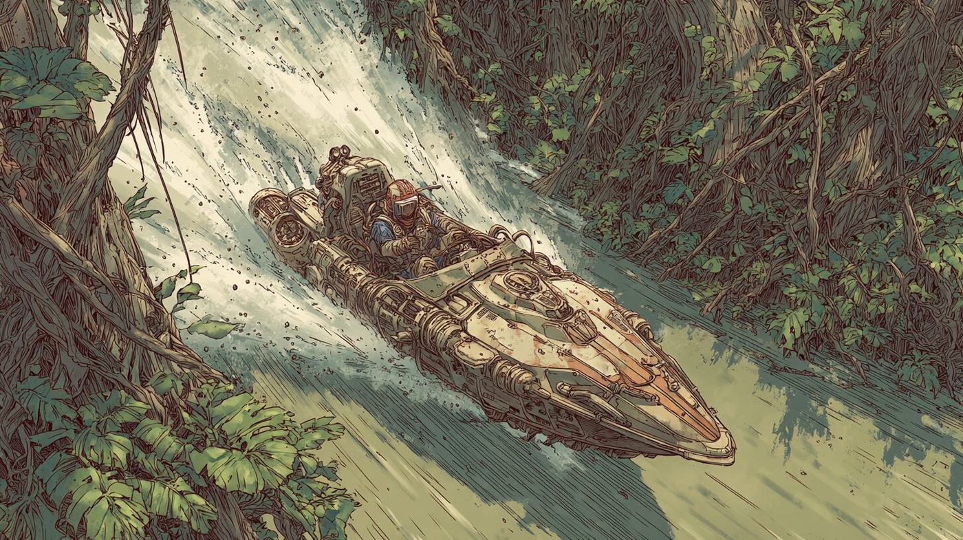 Seen from above, a speedboat with two people aboard cuts a white wake along a green river shaded by jungle trees.