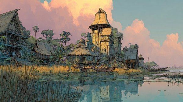 A riverside village of stilt houses and a wooden tower reflected in still water at sunset.