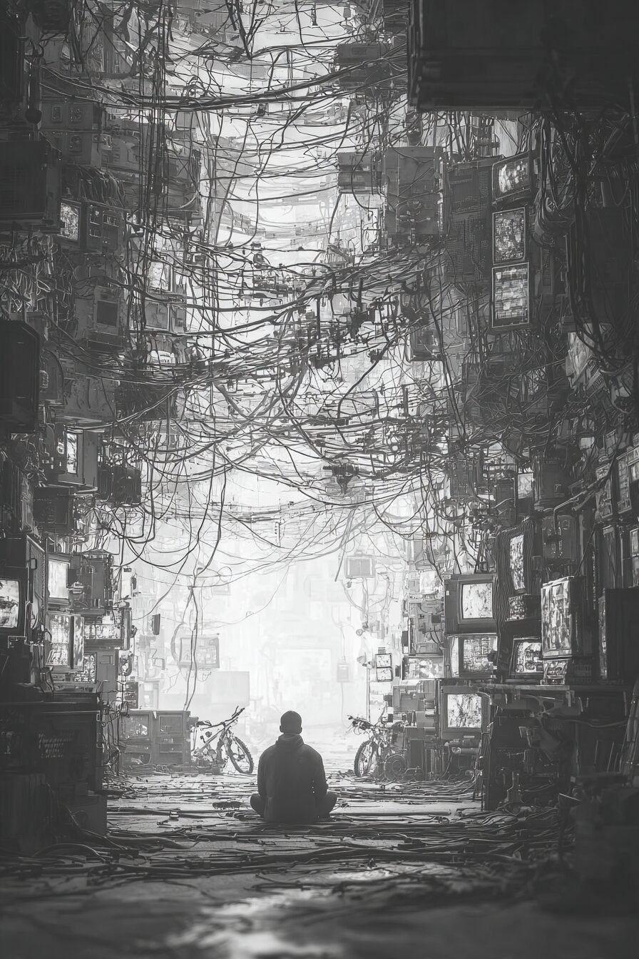 A lone figure sits cross-legged in a narrow alley overgrown with tangled wires and cables, drawn in black and white.