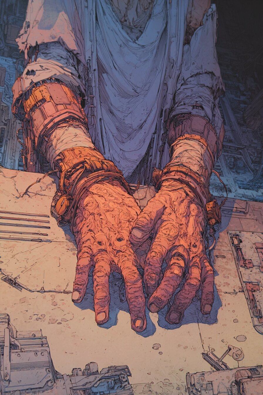 Two large weathered hands with deeply lined skin rest on a workbench covered in drawings.