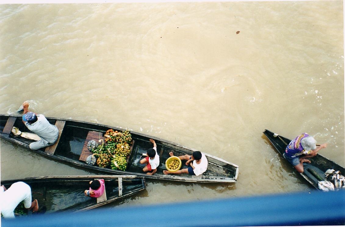 dugout canoes loaded with bananas on brown water