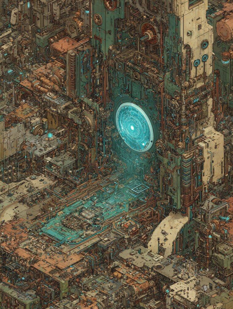 A dense maze of rust coloured machinery and buildings seen from above, with a glowing blue disc at its centre.
