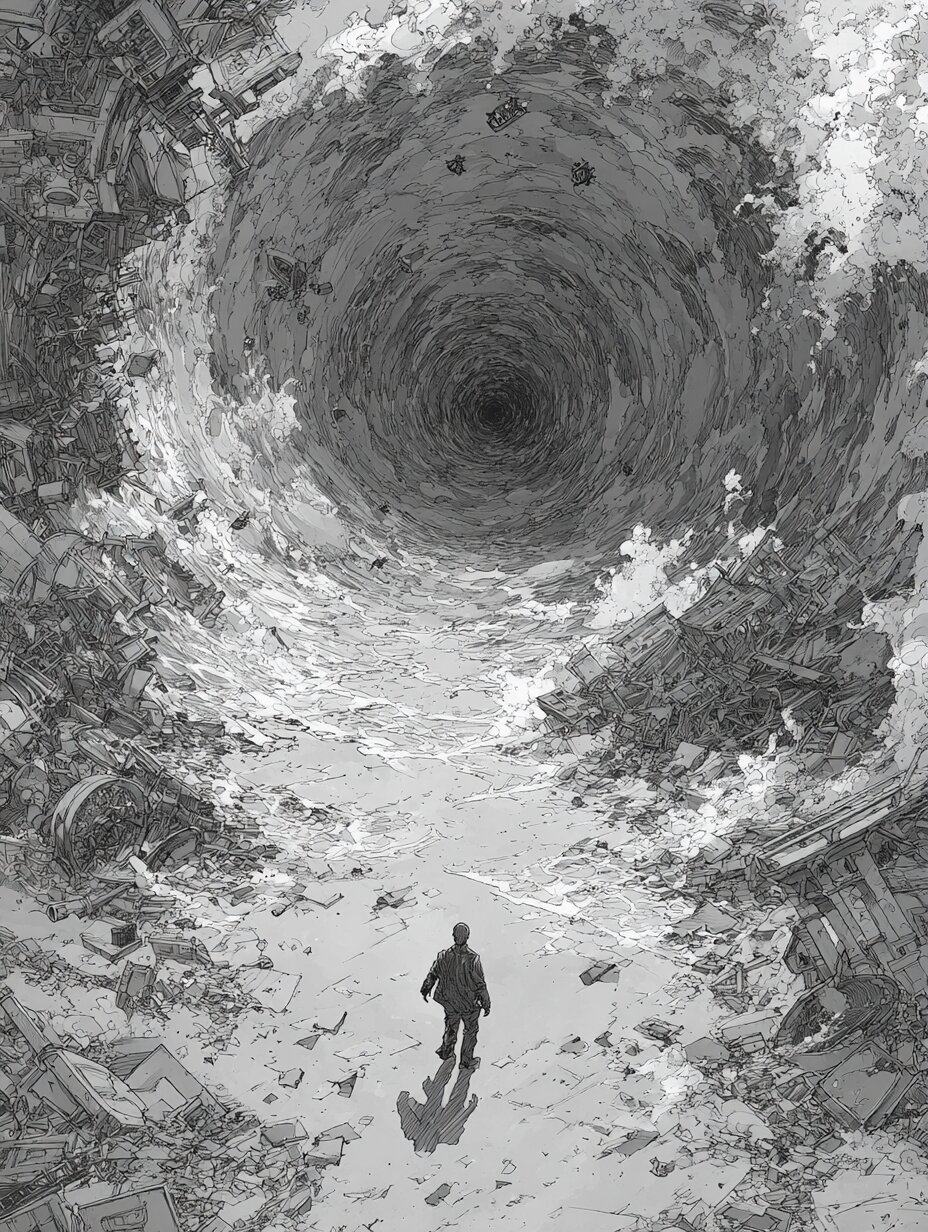 A small figure walks toward the mouth of a vast swirling tunnel, drawn in black and white.