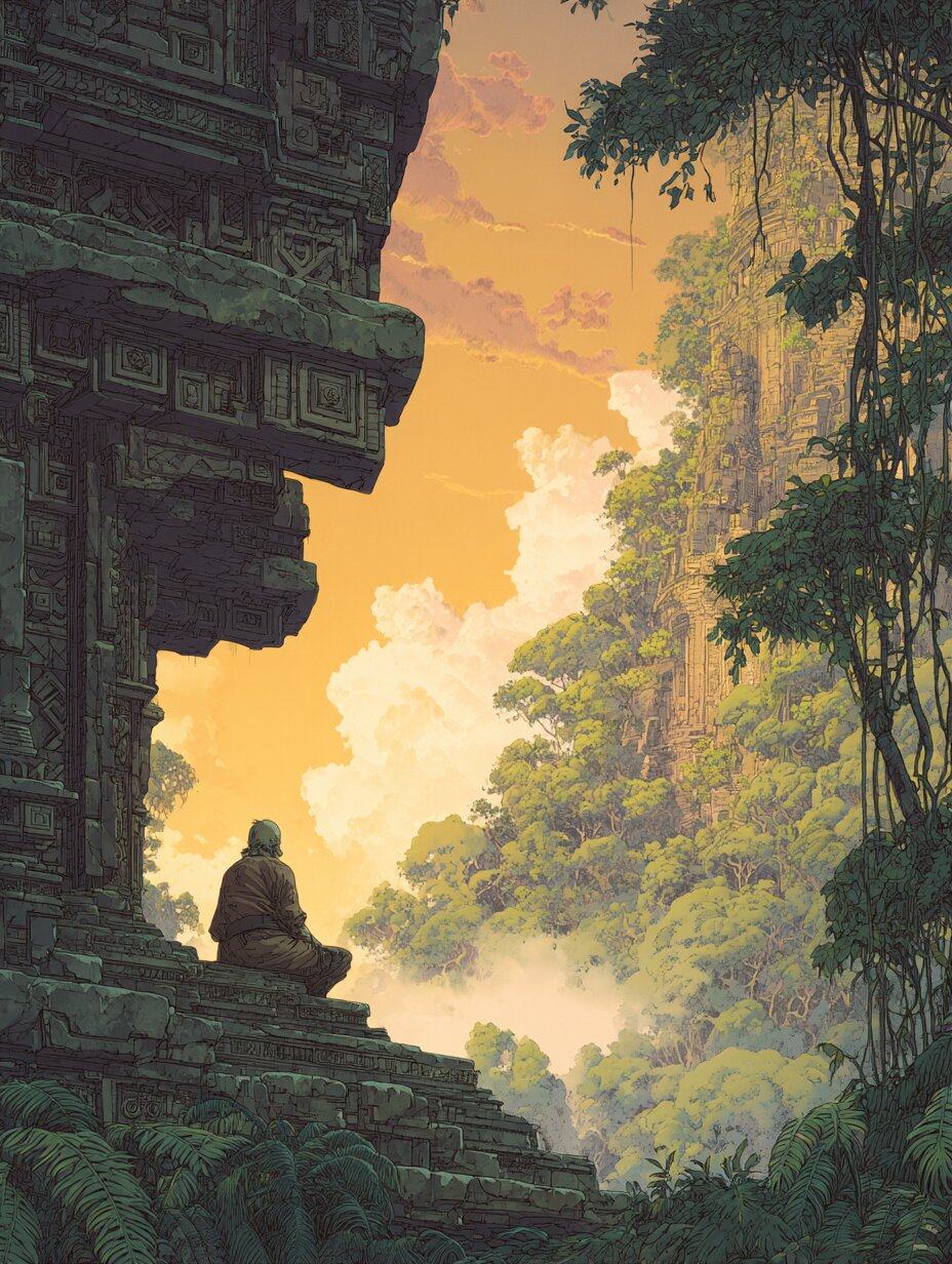 A lone figure sits on the steps of a carved stone temple and looks out over the jungle canopy at a golden sunrise.