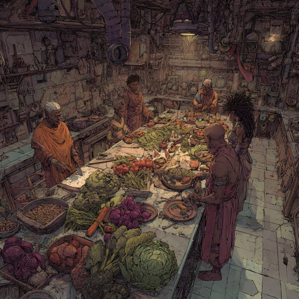 Several people prepare food at a long table heaped with vegetables in a dim kitchen hung with pots.