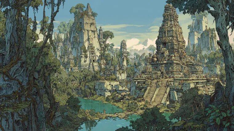 Tall stone temples rise from the jungle beside a turquoise pool under a blue sky.