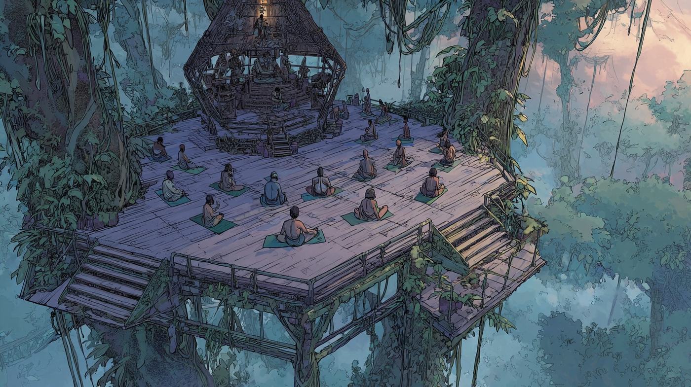 People sit cross legged on mats across a wide wooden platform built among giant jungle trees, a small open hut at its centre and mist over the canopy below.