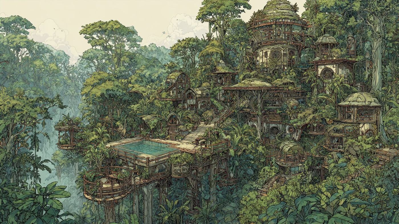 Round thatched huts on stilts climb a jungle hillside above a small square pool, mist over the forest behind.