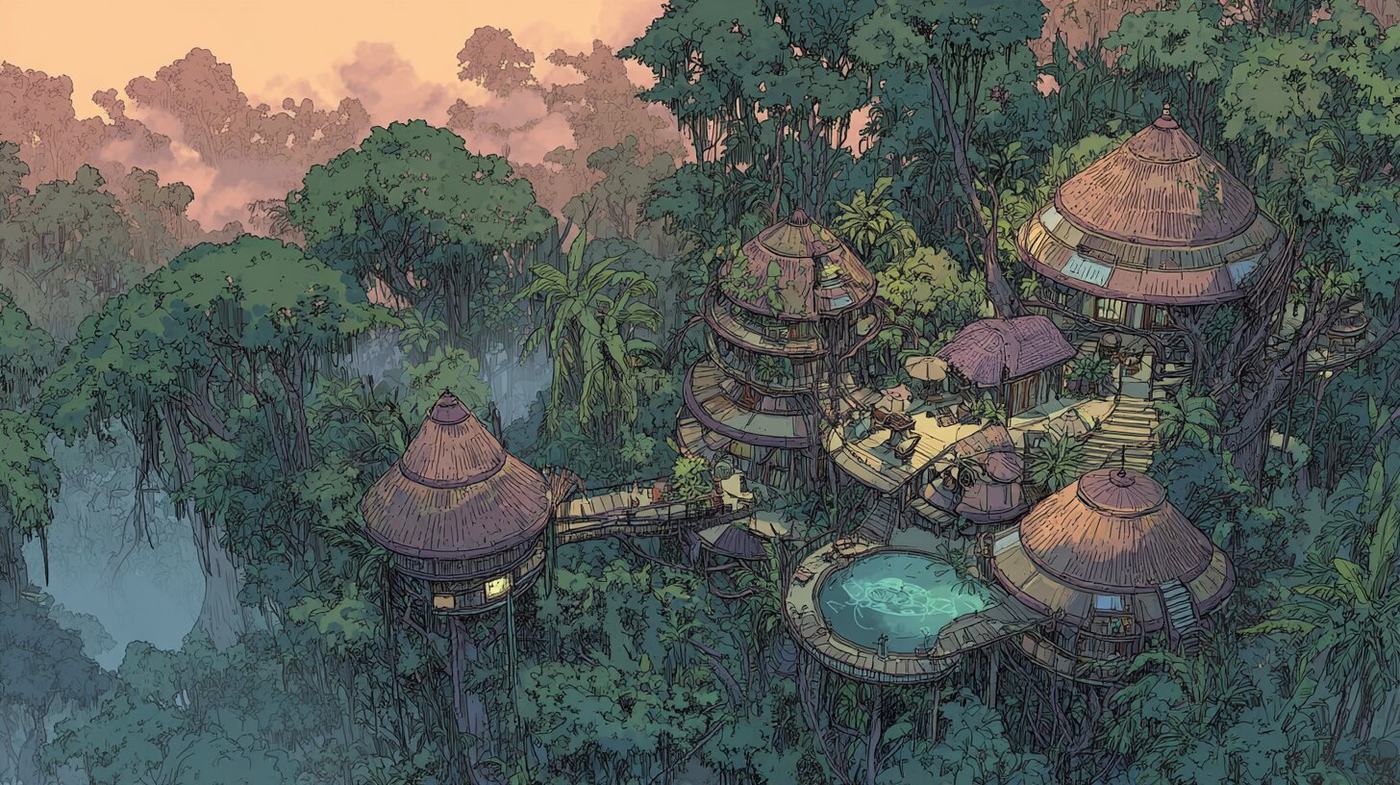 Seen from above at dusk, round thatched huts joined by walkways sit around a small turquoise pool in thick jungle.