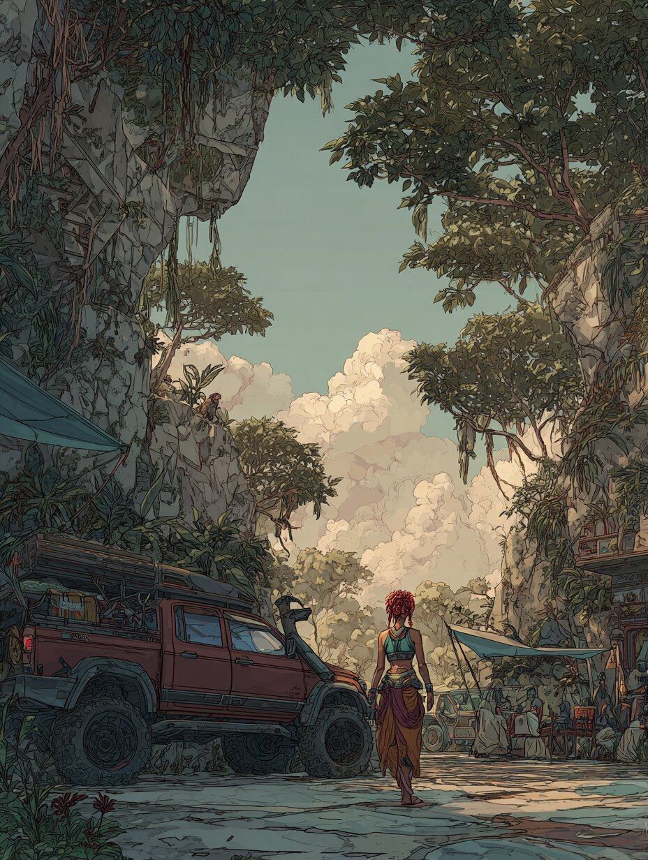 A woman with red hair walks away from a red pickup truck parked on a dirt lot under tall jungle trees.